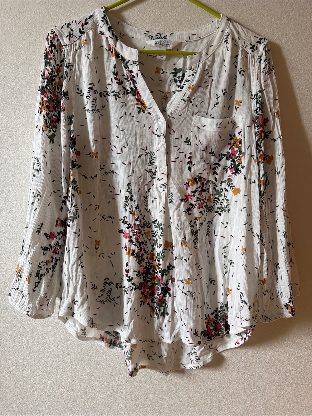 Market & Spruce White Floral Button-Front Blouse with Pink & Mustard Accents